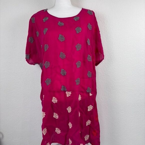 Johnny Was women's large hot pink embroidered floral short sleeve tunic top - Picture 1 of 8
